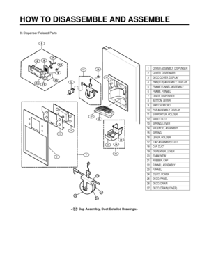 Page 1188) Dispenser Related Parts
HOW TO DISASSEMBLE AND ASSEMBLE
- 118 -
5
687
13
12
9
111014
1715
16
26
43
222
2524
23
1
1821
20
19
27
1 COVER ASSEMBLY, DISPENSER
2 COVER, DISPENSER
3  DECO COVER, DISPLAY
4  PWB(PCB) ASSEMBLY, DISPLAY
5  FRAME FUNNEL, ASSEMBLY
6 FRAME, FUNNEL
7 LEVER, DISPENSER
8 BUTTON, LEVER
9 SWITCH, MICRO
10 PCB ASSEMBLY, DISPLAY
11 SUPPORTER, HOLDER
12 SHEET DUCT
13 SPRING, LEVER
14 SOLENOID, ASSEMBLY
15 SPRING
16 LEVER, HOLDER
17 CAP ASSEMBLY, DUCT
18 CAP, DUCT
19 DISPENSER, LEVER
20...