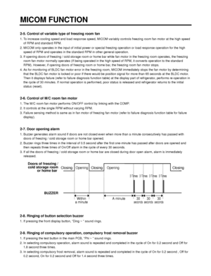 Page 192-5. Control of variable type of freezing room fan
1. To increase cooling speed and load response speed, MICOM variably controls freezing room fan motor at the high speed
of RPM and standard RPM.
2. MICOM only operates in the input of initial power or special freezing operation or load response operation for the high
speed of RPM and operates in the standard RPM in other general operation.
3. If opening doors of freezing / cold storage room or home bar while fan motor in the freezing room operates, the...