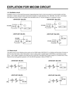 Page 281-2. Oscillation circuit
Oscillation circuit is a circuit with the purpose of generating basic time for clock occurrence for synchronization and time
calculation in relation with information transmission/reception of inside elements of IC1 (MICOM). The OSC1 must always
use rated parts since if SPEC is changed, time calculated at the IC1 may be changed or no operation is done.
1-3. Reset circuit
The reset circuit is circuit allowing various parts such as RAM inside of MICOM (IC1) to initialize and the...