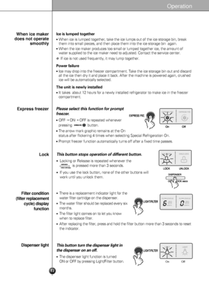 Page 13Operation
12
Ice is lumped together
When ice is lumped together, take the ice lumps out of the ice storage bin, break
them into small pieces, and then place them into the ice storage bin  again. 
When the ice maker produces too small or lumped together ice, the amount of
water supplied to the ice maker need to adjusted. Contact the service center.
❈If ice is not used frequently, it may lump together.
Power failure
Ice may drop into the freezer compartment. Take the ice storage bin out and discard
all...