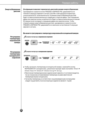 Page 1010
Порядок работы
Эта функция позволяет переключать дисплей в режим энергосбережения
Одновременно нажмите кнопки FREEZER и EXPRESS FRZ, удерживайте их в
течение 5 секунд до звукового сигнала. Все ЖК и светодиодные индикаторы
сначала включатся, затем выключатся. В режиме энергосбережения дисплей
будет оставаться выключенным до следующего открытия двери. При открывании
двери или нажатии кнопки он включится и будет оставаться включенным в течение
20 секунд после последнего открывания двери или нажатия...