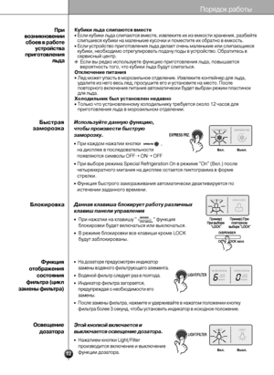 Page 12Данная клавиша блокирует работу различных
клавиш панели управления
 При нажатии на клавишу "                " функция
блокировки будет включаться или выключаться.
 В режиме блокировки все клавиши кроме LOCK
будут заблокированы.
Используйте данную функцию,
чтобы произвести быструю
заморозку.
При каждом нажатии кнопки   ,
на дисплее в последовательности
появляются символы OFF➝ON➝OFF
При выборе режима Special Refrigeration On в режиме "On" (Вкл.) после
четырехкратного мигания на дисплее...