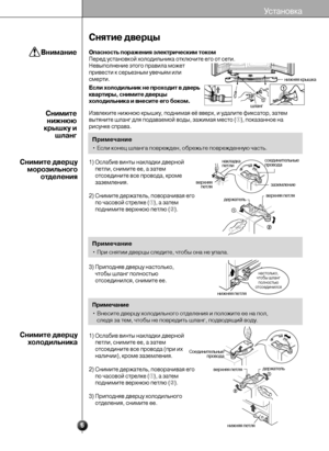 Page 6Примечание
• Внесите дверцу холодильного отделения и положите ее на пол, 
следя за тем, чтобы не повредить шланг, подводящий воду.
Примечание
• Если конец шланга поврежден, обрежьте поврежденную часть.
Примечание
• При снятии дверцы следите, чтобы она не упала.
Снятие дверцы
Опасность поражения электрическим током
Перед установкой холодильника отключите его от сети.
Невыполнение этого правила может 
привести к серьезным увечьям или
смерти.
Если холодильник не проходит в дверь
квартиры, снимите дверцы...