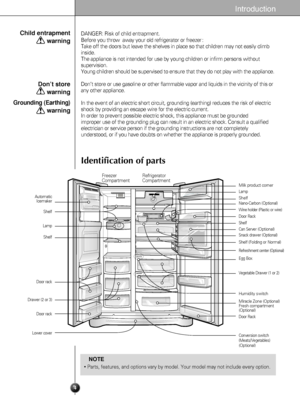 Page 44
Introduction
DANGER: Risk of child entrapment.
Before you throw  away your old refrigerator or freezer :
Take off the doors but leave the shelves in place so that children may not easily climb
inside.
The appliance is not intended for use by young children or infirm persons without
supervision.
Young children should be supervised to ensure that they do not play with the appliance.
Don’t store or use gasoline or other flammable vapor and liquids in the vicinity of this or
any other appliance.
In the...