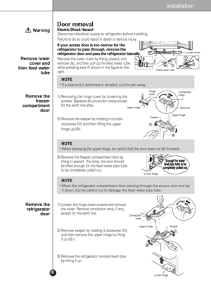Page 76
Installation
Door removal
Failure to do so could result in death or serious injury.
If your access door is too narrow for the
refrigerator to pass through, remove the
refrigerator door and pass the refrigerator laterally. 
Electric Shock Hazard 
Disconnect electrical supply to refrigerator before installing. 
Remove the lower cover by lifting upward, and
remove clip, and then pull up the feed water tube
while pressing area 
shown in the figure to the
right.
Remove lower
cover and
then feed water
tube...