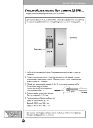 Page 2828
Уход и обслуживание
Уход и обслуживание При замене ДВЕРИ...
1. Избегайте повреждения двери. Поврежденная дверь может привести к
травмам.
2. При использовании стекла в качестве материала для дверей, следует
использовать закаленное стекло. Обычное стекло, при его разбивании,
может привести к травмам.
3. Общий вес заменяемый дверей (A, B и C) не должен превышать 15 кг.
Больший вес дверей может
привести к ослаблению навесов,
перекосу дверей и т. п.
4. Толщина двери в окантовке должна
быть в пределах 3,2 –...