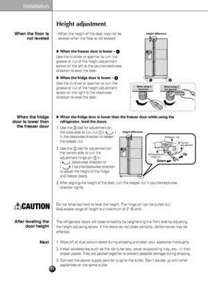 Page 1515
Installation
Height adjustment
- When the height of the door may not be
leveled when the floor is not leveled. 
When the freezer door is lower –
Use the (-) driver or spanner to turn the
groove or nut of the height adjustment
screw on the left to the counterclockwise
direction to level the door. 
When the fridge door is lower –
Use the (-) driver or spanner to turn the
groove or nut of the height adjustment
screw on the right to the clockwise
direction to level the door. 
The refrigerator doors...