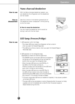 Page 2424
Operation
Nano charcoal deodorizer
With the Nano charcoal deodorizer system, you
can deodorize the refrigerator and the deodorizer
can be reused. How to use
Use the (-) driver on the bottom grooved part of
the deodorizer cover to separate it while pushing
to the front side. 
How to reuse the deodorizer
You can reuse the deodorizer continuously by
drying it well with the hair dryer. How to
disassemble
LED lamp (Freezer/Fridge)
1. LED operation within the fridge
- The indoor LED lamp inside the...