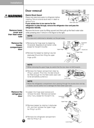Page 1313
Installation
Door removal
Electric Shock Hazard 
Disconnect electrical supply to refrigerator before
installing. Failure to do so could result in death or
serious injury.
If your access door is too narrow for the
refrigerator to pass through, remove the refrigerator door and pass the
refrigerator laterally. 
Remove the lower cover by lifting upward and then pull up the feed water tube
while pressing area shown in the figure to the right.Remove lower
cover and
then feed water
tube
Remove the
freezer...
