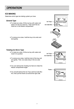 Page 6
OPERATION
6
ICE MAKING 
Determine which type ice-making system you have.
General Type
  To make ice cubes, fill the ice tray with water and
place it on the ice cube box. Then insert the ice
cube box in the freezer compartment.
  To remove ice cubes, hold the tray at its ends and
twist gently.
Twisting Ice Serve Type
  To make ice cubes, fill the ice tray with water and
insert in its position.
  To remove ice cubes, hold the knob of the tray and
turn gently. Then, ice cubes drop in the ice cube
box....