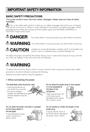 Page 3IMPORTANT SAFETY INFORMATION
3
This guide contains many important safety messages. Always read and obey all safety
This is the safety alert symbol. It alerts you to safety messages that i\
nform you of hazard
that can kill or hurt you or others or cause damage to the product. All \
safety messages will be
All safety messages will identify the hazard, tell you how to reduce the\
 chance of injury, and tell 
you what can happen if the instructions are not followed.
The dedicated outlet should be used.
•...