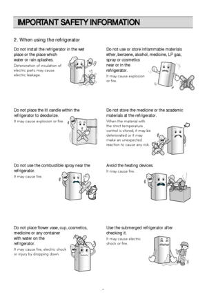 Page 5IMPORTANT SAFETY INFORMATION
5
Do not install the refrigerator in the wet
place or the place which
water or rain splashes.
Deterioration of insulation of
electric parts may cause
electric leakage.Do not use or store inflammable materials
ether, benzene, alcohol, medicine, LP gas,
spray or cosmetics
near or in the
refrigerator.
It may cause explosion
or fire.
BenzeneEtherThinner
Do not place the lit candle within the
refrigerator to deodorize.
It may cause explosion or fire.Do not store the medicine or...