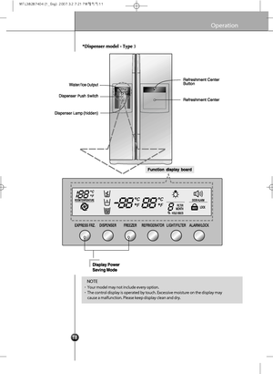 Page 20
Operation

•Your model may not include every option.•The control display is operated by touch. Excessive moisture on the disp\
lay may
cause a malfunction. Please keep display clean and dry.
NOTE
13
3
 