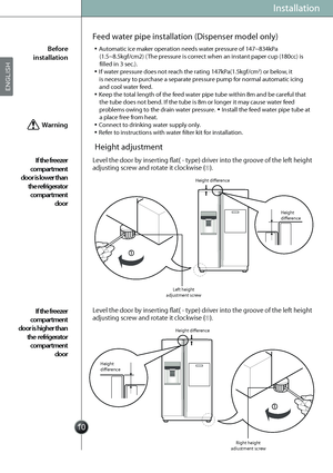 Page 12
Feed water pipe installation (Dispenser model only)
Height adjustment
Installation
/ÏAutomatic ice maker operation needs water pressure of 147~834kPa 
(1.5~8.5kgf/cm2) (The pressure is correct when an instant paper cup (180cc) is 
filled in 3 sec.).
/ÏIf water pressure does not reach the rating 147kPa(1.5kgf/cm
2) or below, it 
is necessary to purchase a separate pressure pump for normal automatic icing 
and cool water feed.
/ÏKeep the total length of the feed water pipe tube within 8m and be...