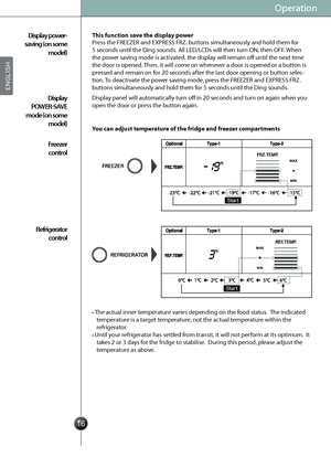 Page 18
	
 

	
 

Operation
This function save the display power
You can adjust temperature of the fridge and freezer compartments Display panel will automatically turn off in 20 seconds and turn on again when you 
open the door or press the button again. Press the FREEZER and EXPRESS FRZ. buttons simultaneously and hold them for 
5 seconds until the Ding sounds. All LED/LCDs will then turn ON, then OFF. When 
the power saving mode is activated, the display will remain off until the next time 
the door...