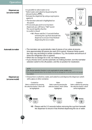 Page 21
Operation
Choose from crushed ice, water, and cubed ice and depress the dispenser switch 
with a glass or other container. It is possible to select water or ice 
*Select water and cubed ice by pressing the       
 relevant button                . 
*Activate the dispenser by using a cup to press  
  against it
The function selected is highlighted on 
    the panel. 
If 5 seconds pass and no ice has been 
   dispensed, you will hear a ‘’Tak!” sound. 
   The sound signifies that the  
   ice outlet...