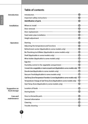 Page 42
3
3
5
8
12
26
28
328
12
26
29
349
24
27
29
34 30 10
25
27
29
35 31 10
26
28Introduction
Important safety instructions
Where to install
Feed water pipe installation Door removal
Height adjustment Door replacement
Starting
Wine holder (Applicable to some models only)
Vacuum Fresh(Applicable to some models only) No Plumbing Ice & Water (Applicable to some models only)
Convert into a vegetable or meat compartment (Applicable to some models only)
Opti Temp Zone (Applicable to some models only) Adjusting the...