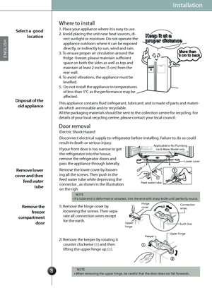 Page 10
Where to install
Door removal
Installation
1. Place your appliance where it is easy to use.
2. Avoid placing the unit near heat sources, di-
rect sunlight or moisture. Do not operate the 
appliance outdoors where it can be exposed 
directly, or indirectly to sun, wind and rain.
3. To ensure proper air circulation around the 
fridge -freezer, please maintain sufficient 
space on both the sides as well as top and 
maintain at least 2 inches (5 cm) from the 
rear wall.
4. To avoid vibrations, the...