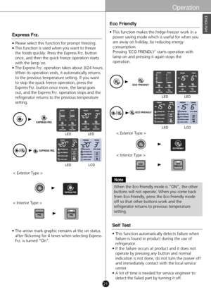 Page 21Operation
ENGLISH
• The arrow mark graphic remains at the on statusafter flickering for 4 times when selecting Express
Frz. is turned “On”.
LCDLED
LEDLED
LCDLED
LEDLED
• This function makes the fridge-freezer work in apower saving mode which is useful for when you
are away on holiday, by reducing energy
consumption. 
Pressing ‘ECO FRIENDLY’ starts operation with
lamp on and pressing it again stops the
operation.
Eco Friendly
• This function automatically detects failure whenfailure is found in product...