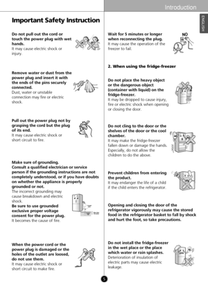 Page 5Introduction
5
ENGLISH
Make sure of grounding. 
Consult a qualified electrician or service
person if the grounding instructions are not
completely understood, or if you have doubts
on whether the appliance is properly
grounded or not.
The incorrect grounding may
cause breakdown and electric
shock.
Be sure to use grounded
exclusive proper voltage
consent for the power plug. 
It becomes the cause of fire.
Thinner
Do not pull out the cord or
touch the power plug with wet
hands.
It may cause electric shock...