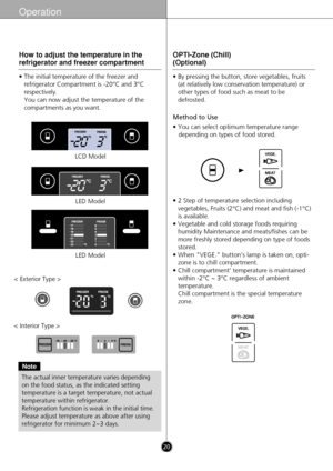 Page 20Operation
• 2 Step of temperature selection includingvegetables, Fruits (2°C) and meat and fish (-1°C)
is available. 
• Vegetable and cold storage foods requiring humidity Maintenance and meats/fishes can be
more freshly stored depending on type of foods
stored. 
• When VEGE. button’s lamp is taken on, opti- zone is to chill compartment.
• Chill compartment’ temperature is maintained within -2°C ~ 3°C regardless of ambient
temperature.
Chill compartment is the special temperature
zone.
OPTI-Zone (Chill)...