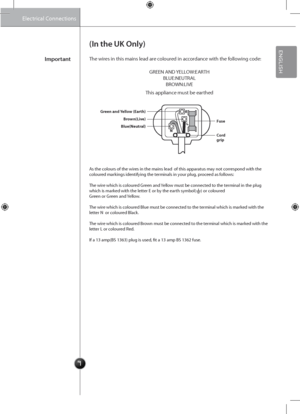 Page 31
ImportantThe wires in this mains l\gead are coloured in accordance with the following code\f
(In the UK Only)
GREE\b A\bD YELLOW\fEARTHBLUE\f\bEUTRALBROW\b\fLIVE
This appliance must be earthed
Green and Yellow (Earth)
Fuse\frown(Live)
\flue(\beutral)
Cord grip
As the colours of the wires in the mains le\gad  of this apparatus may not correspond with the coloured markings identifying the terminals in your plug, proceed as follows\f
The wire which is coloured Green and Yellow must be connected to the...