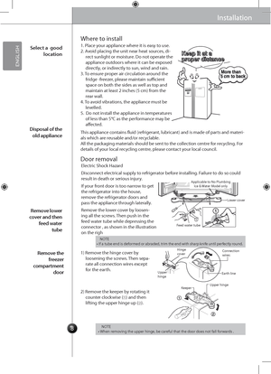 Page 1088
Installation
Where to install
Door removal
Installation
1. Place your appliance where it is easy to use.2. Avoid placing the uni\gt near heat sources, di-rect sunlight or moisture. Do not operate the appliance outdoors where it can be exposed directly, or indirectly to sun, wind and rain.3. To ensure proper air circulation around the fridge -freezer, please maintain sufficient space on both the side\gs as well as top and maintain at least 2 inches (\g5 cm) from the rear wall.4. To avoid vibrations,...