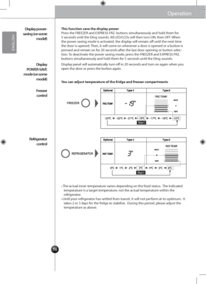 Page 161616
Start
Start
OperationOperation
This function save the display power
You can adjust temperature of the fridge and\s freezer compartments
Display panel will automatically turn off in 20 seconds and turn on again when you open the door or p\gress the button again.
Press the FREEZER and E\gXPRESS FRZ. buttons simultaneously\g and hold them for 5 seconds until the Ding sounds\g. All LED/LCDs will then turn O\b, then OFF. When the power saving mode is activated, the display will remain off until the next...