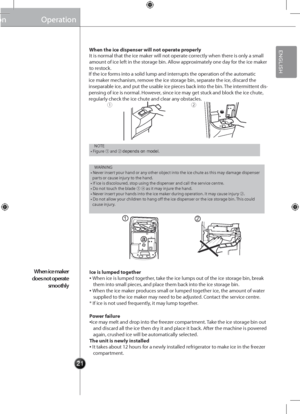 Page 2121
①②
12
Operation
WAR\bI\bG• \bever insert your hand or any other object into the ice chute as this may damage dispenser \gparts or cause injury to the hand.• If ice is discoloured, stop using the dispen\gser and call the s\gervice centre.• Do not touch the blade ① ⓐ as it may injure the hand.• \bever insert your hands into the ice maker during operation. It may cause injury ②.• Do not allow your children to hang off the ice dispenser or the\g ice storage bin. This could cause injury.
It is normal that...