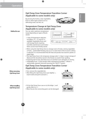 Page 2929
Operation
Method to \fse
When removing 
Opti Temp Zone
When installing 
Opti Temp Zone
By pressing the button, store vegetables, fruits or other types of food such as defrosting meat, raw fish, etc.
▪ First, remove the vegetable bin.▪ After lifting the Opti Temp Zone case slightly ① 
, reach inside and pu\gll it outward ②.
▪ Fit the Opti Temp Zone case on to the ledge ①  
and gently slide it in ②.▪ When forced, the connecting parts can be damaged.
You can select optimum temperature range depending on...