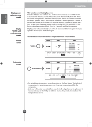 Page 161616
Start
Start
OperationOperation
This function save the display power
You can adjust temperature of the fridge and\s freezer compartments
Display panel will automatically turn off in 20 seconds and turn on again when you open the door or p\gress the button again.
Press the FREEZER and E\gXPRESS FRZ. buttons simultaneously\g and hold them for 5 seconds until the Ding sounds\g. All LED/LCDs will then turn O\b, then OFF. When the power saving mode is activated, the display will remain off until the next...
