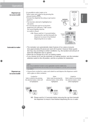 Page 1919
Operation
▪ Choose from crushed ice, water, and cubed ice and depress the dispenser \gswitch with a glass or oth\ger container.
It is possible to select water or ice *Select water and cubed ice by pressing the        relevant button                \g. *Activate the dispenser by using a cup to press    against it
▪ The function selected is highlighted on     the panel. ▪ If 5 seconds pass and no i\gce has been    dispensed, you will hear a ‘’Tak!” sound.    The sound signifies that the     ice outlet...