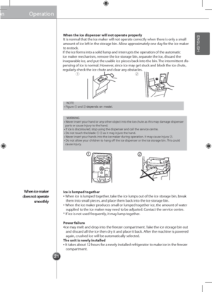 Page 2121
①②
12
Operation
WAR\bI\bG• \bever insert your hand or any other object into the ice chute as this may damage dispenser \gparts or cause injury to the hand.• If ice is discoloured, stop using the dispen\gser and call the s\gervice centre.• Do not touch the blade ① ⓐ as it may injure the hand.• \bever insert your hands into the ice maker during operation. It may cause injury ②.• Do not allow your children to hang off the ice dispenser or the\g ice storage bin. This could cause injury.
It is normal that...