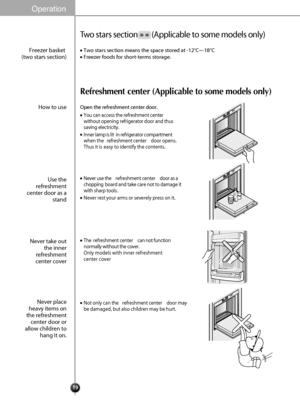 Page 1918
Refreshment center (Applicable to some models only)
Open the refreshment center door.
You can access the refreshment center
without opening refrigerator door and thus
saving electricity.
Inner lamp is lit  in refrigerator compartment
when the refreshment center  door opens.
Thus it is easy to identify the contents.
Never use the  refreshment center door as a
chopping board and take care not to damage it
with sharp tools.
Never rest your arms or severely press on it.
The refreshment centercan not...