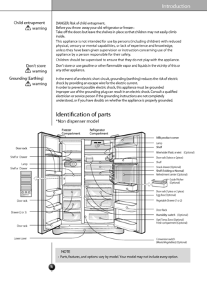 Page 44
Introduction
DANGER: Risk of child entrapment.
Before you throw  away your old refrigerator or freezer :
Take of the doors but leave the shelves in place so that children may not easily climb
inside.
Don’t store or use gasoline or other fammable vapor and liquids in the vicinity of this or
any other appliance.
In the event of an electric short circuit, grounding (earthing) reduces the risk of electric
shock by providing an escape wire for the electric current. 
In order to prevent possible electric...