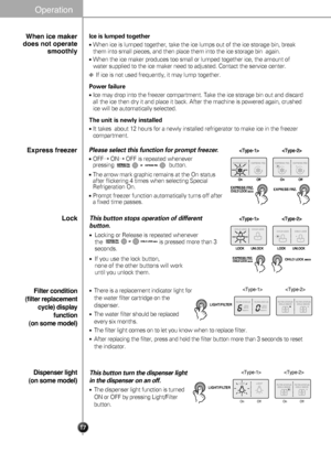 Page 1716
Ice is lumped together
When ice is lumped together, take the ice lumps out of the ice storage b\
in, break
them into small pieces, and then place them into the ice storage bin  ag\
ain. 
When the ice maker produces too small or lumped together ice, the amount\
 of
water supplied to the ice maker need to adjusted. Contact the service ce\
nter.
❈If ice is not used frequently, it may lump together.
Power failure
Ice may drop into the freezer compartment. Take the ice storage bin out \
and discard
all...