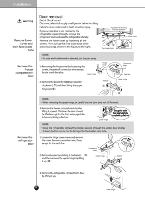Page 77
Installation
Door removal
Failure to do so could result in death or serious injury.
If your access door is too narrow for the
refrigerator to pass through, remove the
refrigerator door and pass the refrigerator laterally. 
Electric Shock Hazard 
Disconnect electrical supply to refrigerator before installing. 
Remove lowercover and
then feed water tube
Warning
Remove the freezer
compartment door
Remove the refrigerator door
1) Removing the hinge cover by loosening the
screws. Separate all connection...