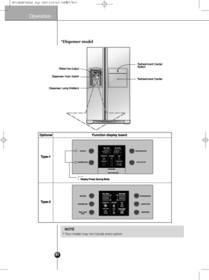 Page 1141
(hidden)Refreshment Center
Optional
Type-1
Type-2Function display board
Display Power Saving Mode
Refreshment Center
Button
*Dispenser model 
Operation
•Your model may not include every option.
NOTE
  