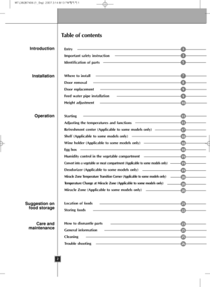 Page 22
Entry
Important safety instruction
Identification of parts
Where to install
Door removal
Door replacement
Feed water pipe installation
Height adjustment
Starting
Adjusting the temperatures and functions
Refreshment center (Applicable to some models only)
Shelf (Applicable to some models only)
Wine holder (Applicable to some models only)
Egg box 
Humidity control in the vegetable compartment
Convert into a vegetable or meat compartment (Applicable to some models only)
Deodorizer (Applicable to some...