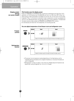 Page 1313
Operation
This function save the display power 
Press the FREEZER and EXPRESS FRZ. buttons simultaneously and hold them for 5
seconds until the Ding sounds. All LED/LCDs will then turn ON, then OFF. When the
power saving mode is activated, the display will remain off until the next time the door
is opened. Then, it will come on whenever a door is opened or a button is pressed and
remain on for 20 seconds after the last door opening or button selection. To deactivate
the power saving mode, press the...
