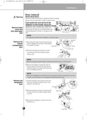 Page 88
Installation
Door removal
Failure to do so could result in death or serious injury.
If your access door is too narrow for the
refrigerator to pass through, remove the
refrigerator door and pass the refrigerator laterally. 
Electric Shock Hazard 
Disconnect electrical supply to refrigerator before installing. 
Remove the lower cover by lifting upward, and
remove clip, and then pull up the feed water tube
while pressing area 
shown in the figure to the
right.
Remove lower
cover and
then feed water
tube...