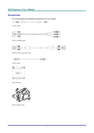 Page 8D D
D
L L
L
P P
P
   
 
P P
P
r r
r
o o
o
j j
j
e e
e
c c
c
t t
t
o o
o
r r
r
— —
—
U U
U
s s
s
e e
e
r r
r
’ ’
’
s s
s
   
 
M M
M
a a
a
n n
n
u u
u
a a
a
l l
l
   
 
–
 2 – 
Accessories 
You can purchase the following accessories from your dealer: 
 
A
UDIO CABLE 
 
 
 
DVI-
TO-YPBPR CABLE 
 
 
 
DVI-
TO-DVI COMPUTER CABLE  
 
 
 
V
IDEO CABLE 
 
PN6E0766
 
M
AC ADAPTER 
 
 
 
R
EPLACEMENT LAMP 
 
Downloaded From projector-manual.com LG Manuals 