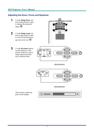 Page 26D D
D
L L
L
P P
P
   
 
P P
P
r r
r
o o
o
j j
j
e e
e
c c
c
t t
t
o o
o
r r
r
— —
—
U U
U
s s
s
e e
e
r r
r
’ ’
’
s s
s
   
 
M M
M
a a
a
n n
n
u u
u
a a
a
l l
l
   
 
–
 20 – 
Adjusting the Zoom, Focus and Keystone 
1.  Use the Image-focus con-
trol (on the projector only) 
to sharpen the projected 
image 
A. 
2.  Use the Image-zoom con-
trol (on the projector only) 
to resize the projected im-
age and screen size 
B. 
A
B
 
3.  Use the Keystone buttons 
(on the projector or the 
remote control) to...