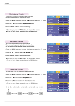 Page 24Function
24
Flip horizontal Function
* This function reverses the projected image horizontally.
Use this function when rear projecting an image.
1. Press the MENUbutton and then use F, Gbutton to select the         menu.
2. Press the 
D, Ebutton to selectFlip horizontalitem.
3. Press the 
AOKbutton to see reversed image.
Each time you press the AOKbutton, the image will be reversed.To exit the menu display, repeatedly press the MENUbutton.
Flip vertical Function
* This function reverses the projected...