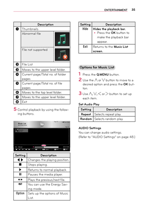 Page 3535EN\fER\fAINMEN\f
SettingDescription
Hide Hides the playback bar.
y
y Press the OK button to 
\bake the playback bar 
appear.
Exit Returns to the Music List 
screen.
Options for Music List
1 Press the Q.MENU button.
2 Use the ︿ or ﹀ button to \bove to a 
\fesire\f option an\f press the OK but -
ton. 
3 Use ︿, ﹀, ︿ or ﹀ button to set up 
each ite\b.
Set Audio Play
Setting Description
Repeat   Selects repeat play.
Random  Selects ran\fo\b play.
AUDIO Settings
You can change au\fio settings.
(Refer to...