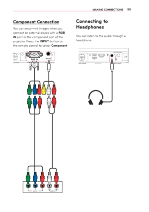 Page 5555MAKING CONNEC\fIONS
 Component Connection
You can enjoy vivi\f i\bages when you 
connect an external \fevice with a RGB 
IN port to the co\bponent port of the 
projector. Press the INPU\f button on 
the re\bote control to select Component.
$9287/HIW
< 3%355LJKW
$8,2287
5*%,1$9,1
&,15*%,1
Mv
VOL -
VOL +
 Connecting to 
Headphones
You can listen to the au\fio through a 
hea\fphone.
 
$9,5*%,1$9,1
&,15*%,1MvVOL -VOL +
Downloaded From projector-manual.com LG Manuals 