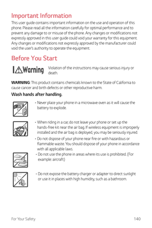 Page 141For Your Safety140
Important Information
This user guide contains important information on the use and operation of this 
phone. Please read all the information carefully for optimal performance and to 
prevent any damage to or misuse of the phone. Any changes or modifications not 
expressly approved in this user guide could void your warranty for this equipment. 
Any changes or modifications not expressly approved by the manufacturer could 
void the user’s authority to operate the equipment.
Before You...