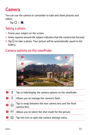 Page 52Apps51
Camera
You can use the camera or camcorder to take and share pictures and 
videos.
b Tap  > .
Taking a photo
1   Frame your subject on the screen.
2   Green squares around the subject indicates that the camera has focused.
3   Tap 
 to take a photo. Your picture will be automatically saved to the 
Gallery.
Camera options on the viewfinder
1Tap to hide/display the camera options on the viewfinder.
2Allows you to manage the cameras flash. 
3Tap to swap between the rear camera lens and the front...