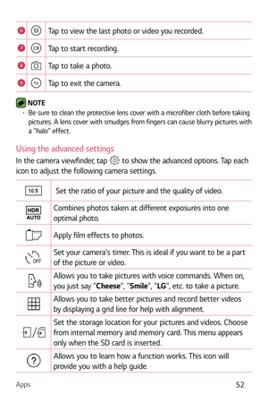 Page 53Apps52
6Tap to view the last photo or video you recorded.
7Tap to start recording.
8Tap to take a photo.
9Tap to exit the camera.
 NOTE b Be sure to clean the protective lens cover with a microfiber cloth before taking 
pictures. A lens cover with smudges from fingers can cause blurry pictures with 
a halo effect.
Using the advanced settings
In the camera viewfinder, tap  to show the advanced options. Tap each 
icon to adjust the following camera settings.
 Set the ratio of your picture and the quality...