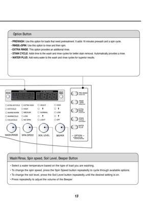 Page 1313
•PREWASH: Use this option for loads that need pretreatment. It adds 16 minutes pre\
wash and a spin cycle.
• RINSE+SPIN : Use this option to rinse and then spin.
• EXTRA RINSE : This option provides an additional rinse.
• STAIN CYCLE : Adds time to the wash and rinse cycles for better stain removal. Autom\
atically provides a rinse.
•  WATER PLUS : Add extra water to the wash and rinse cycles for superior results.
• Select a water temperature based on the type of load you are washing. 
• To change the...